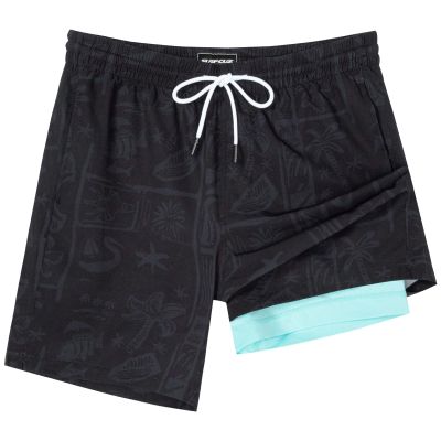 SURF CUZ Mens Swim Trunks with Compression Liner Quick Dry Swim Shorts 7" Swimming Trunks Stretch Zipper Pockets,Cool Coast,XS