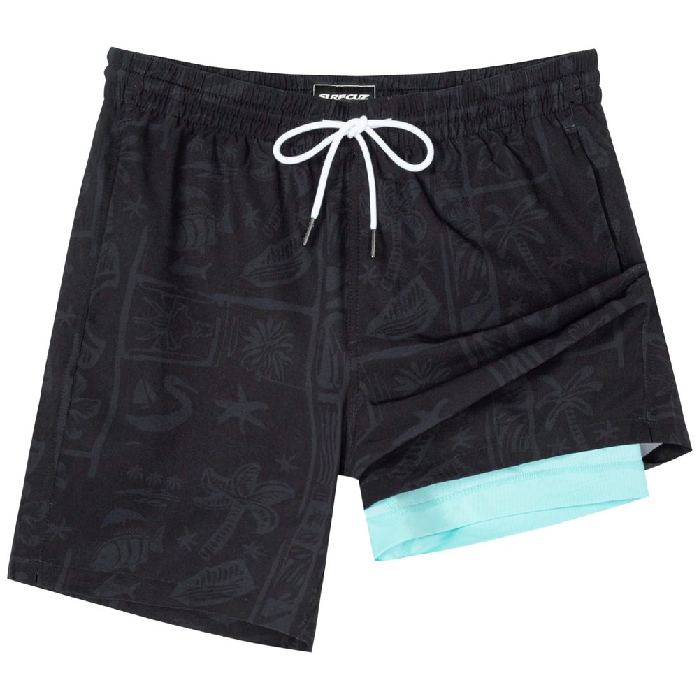 SURF CUZ Mens Swim Trunks with Compression Liner Quick Dry Swim Shorts 7" Swimming Trunks Stretch Zipper Pockets,Cool Coast,XS