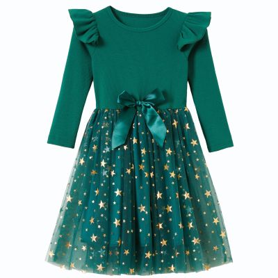 Csbks Toddler Girls Christmas Tutu Dress Multi-Layers Tulle Long Sleeve Princess Dress Ruffle Green 120