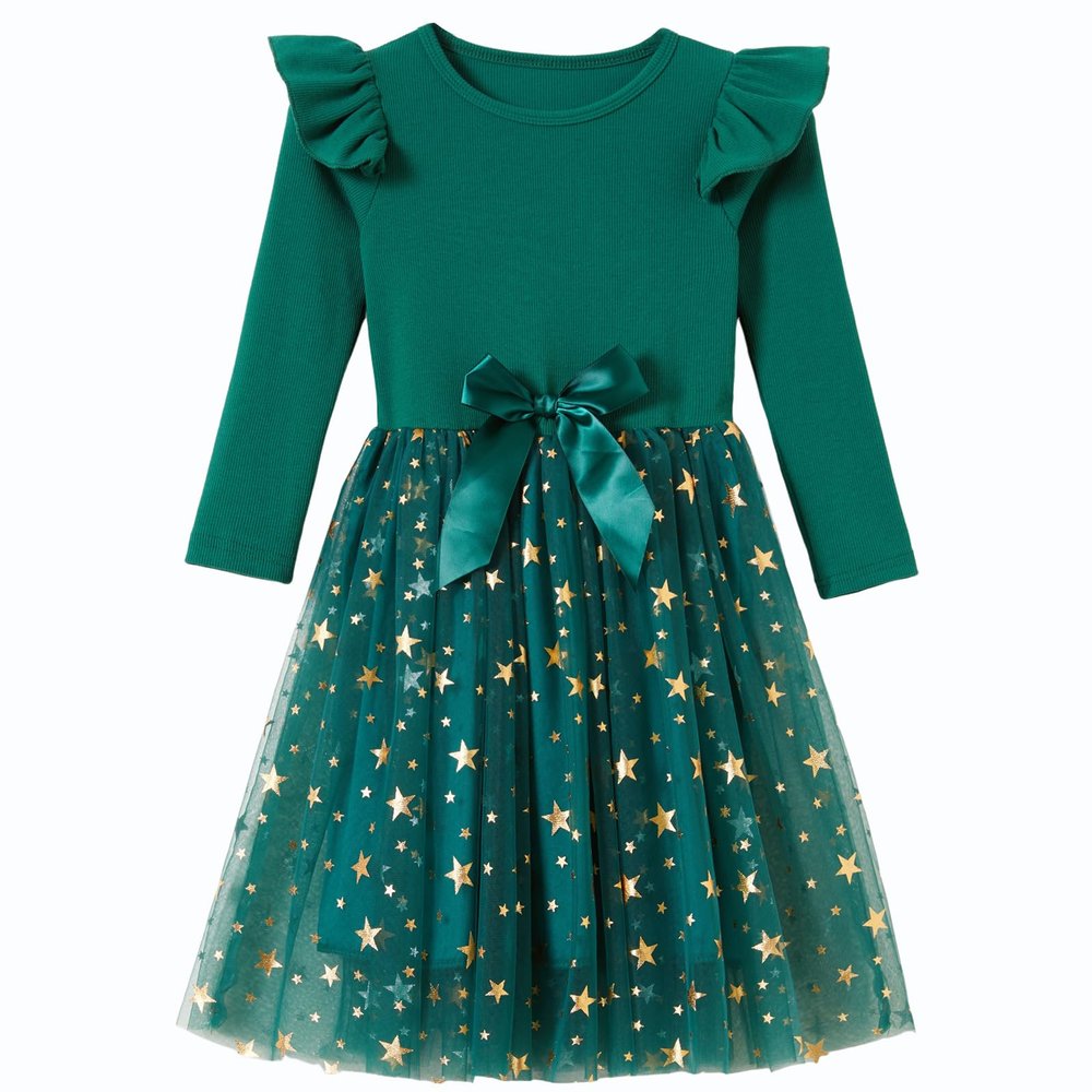 Csbks Toddler Girls Christmas Tutu Dress Multi-Layers Tulle Long Sleeve Princess Dress Ruffle Green 120