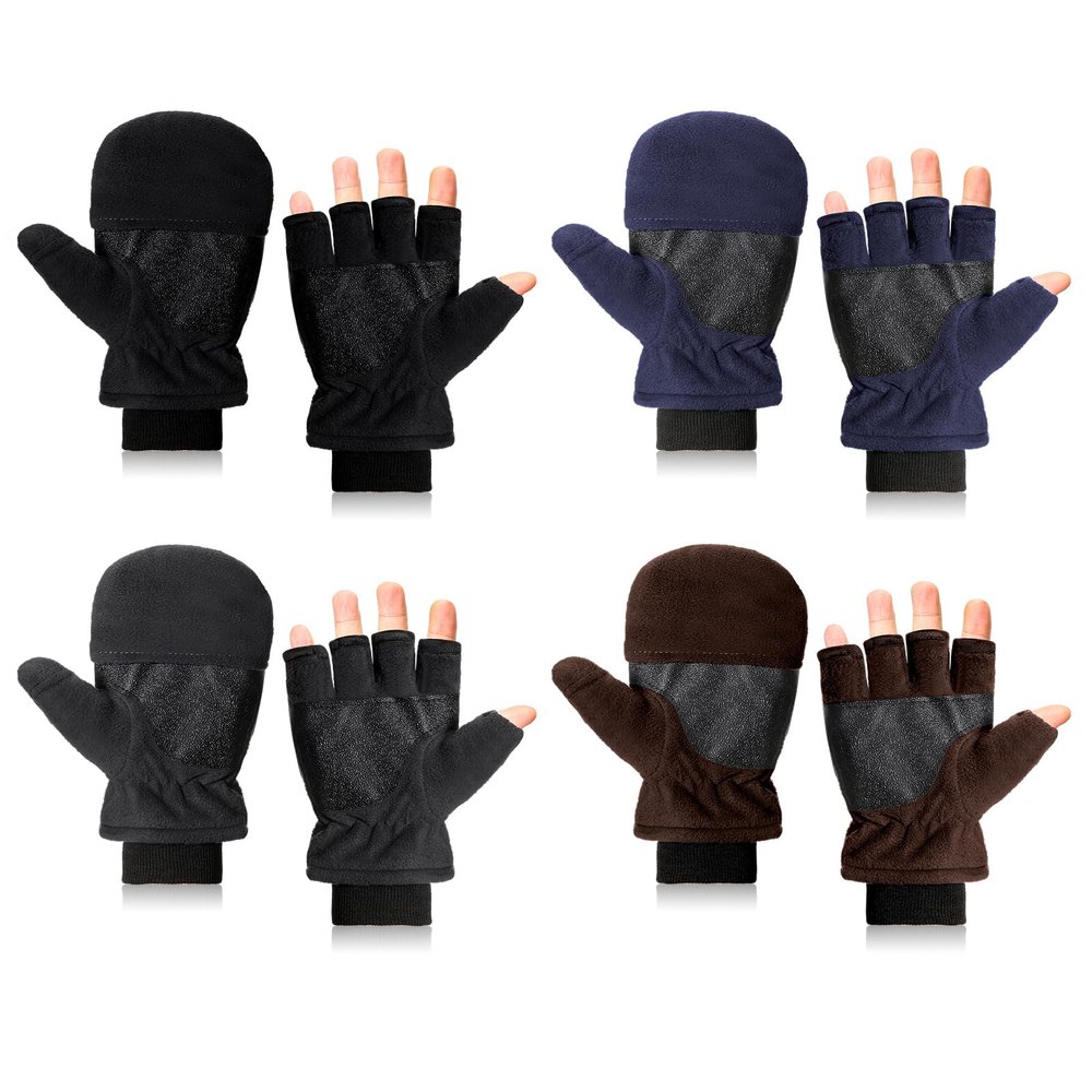 Coume 4 Pairs Winter Fleece Leather Fingerless Gloves Flip Top Convertible Mittens Fingerless Warm Fishing Gloves Nonslip(Black,Gray,Navy,Coffee)