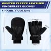 Coume 4 Pairs Winter Fleece Leather Fingerless Gloves Flip Top Convertible Mittens Fingerless Warm Fishing Gloves Nonslip(Black,Gray,Navy,Coffee) view 2