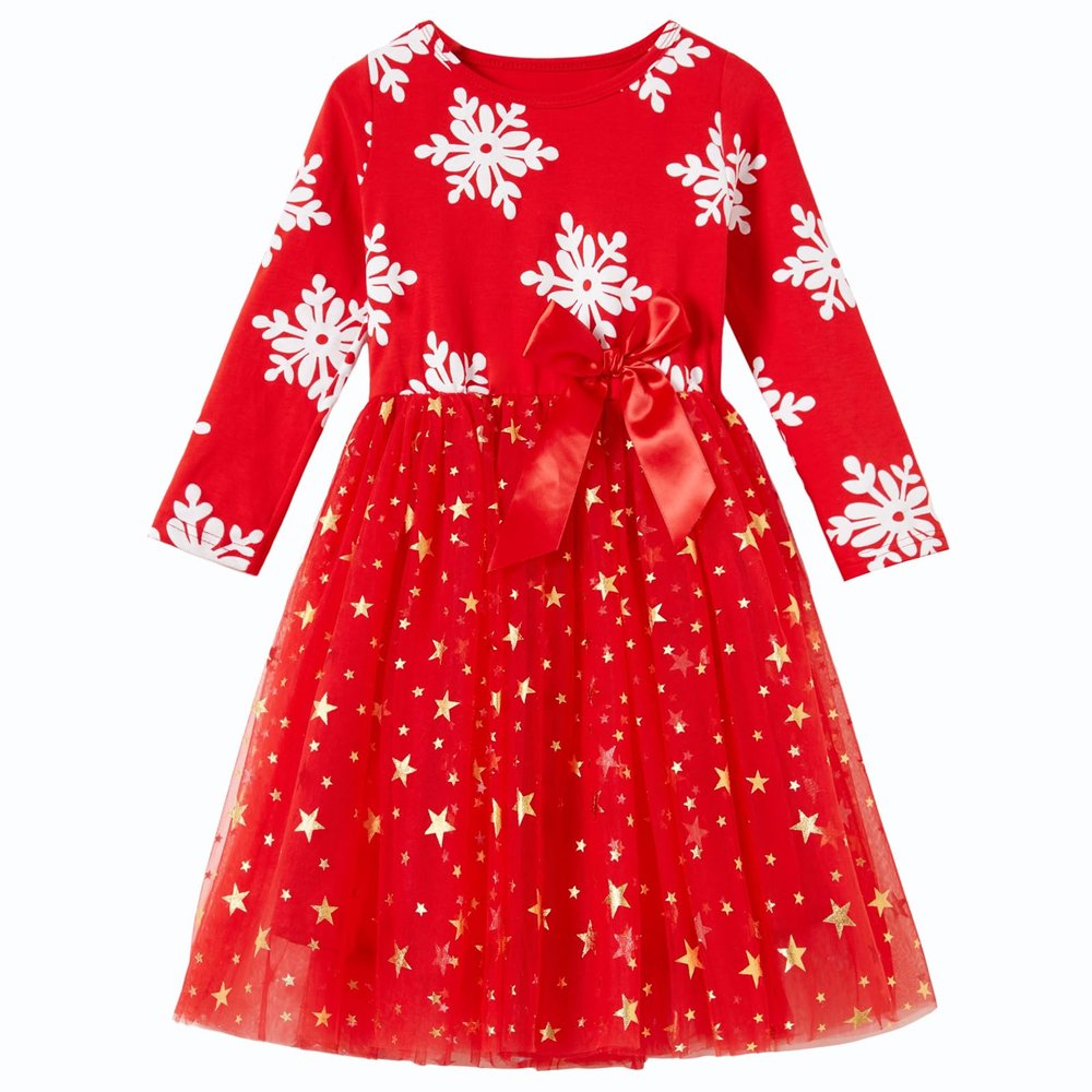 Csbks Toddler Girls Christmas Tutu Dress Multi-Layers Tulle Long Sleeve Princess Dress Snowflakes Red 140