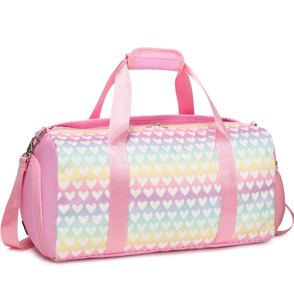 Jumpopack Glitter Dance Bag for Girls Duffle Bags Girls Overnight Bags Sleepover Gym Gymnastics Bag with Shoe Compartment and Wet Pocket,Heart Pattern