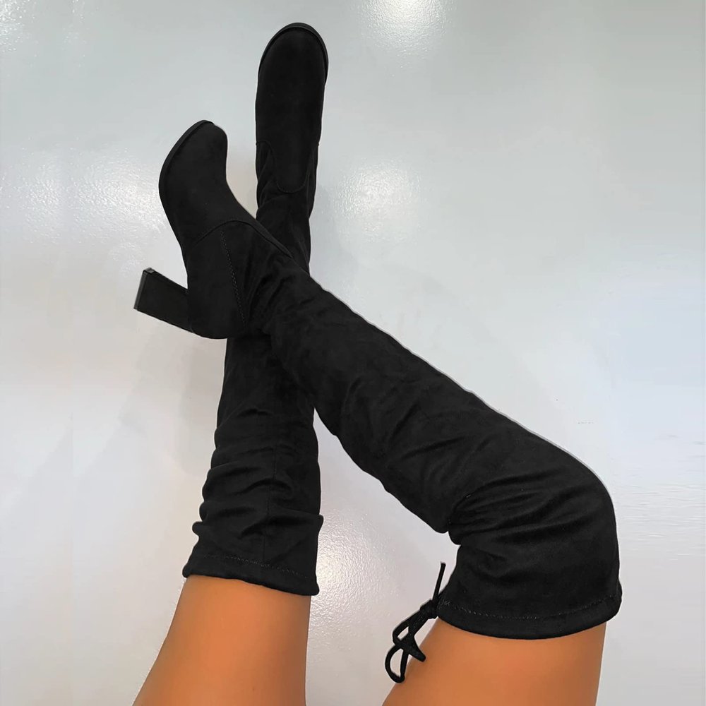 JYSwoshoe Tan High Knee Boots for Women Knee-High Chunky Shoes Heel Retro Winter for Women's Boots Flock Boots Mid-Calf Warm Boots Boots Long Women's Boots (A-Black, 7)