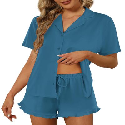 Ekouaer Pajamas Set for Women Short Sleeve Sleepwear Button Down Pjs Lounge Sets Soft Nightwear Blue Green Large