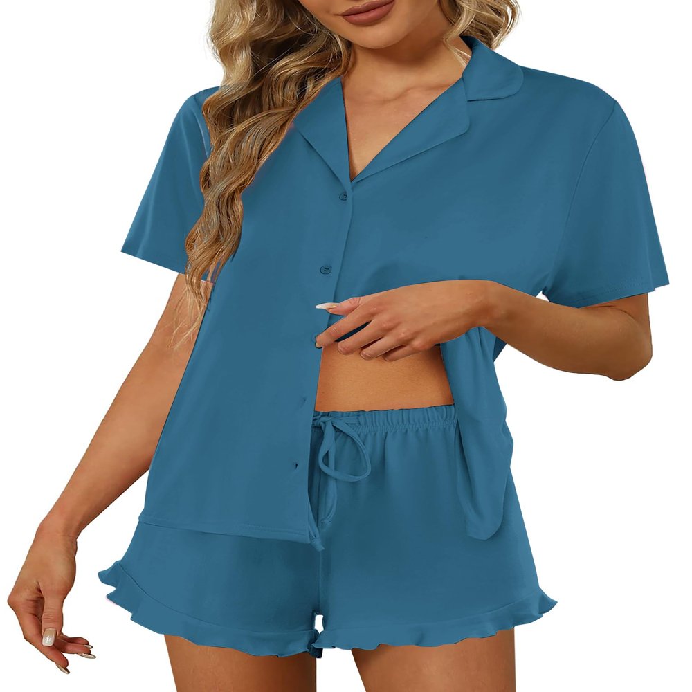 Ekouaer Pajamas Set for Women Short Sleeve Sleepwear Button Down Pjs Lounge Sets Soft Nightwear Blue Green Large