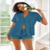 Ekouaer Pajamas Set for Women Short Sleeve Sleepwear Button Down Pjs Lounge Sets Soft Nightwear Blue Green Large view 2