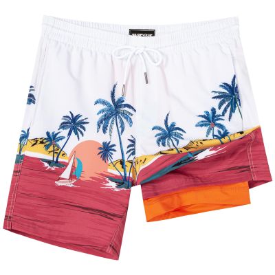 SURF CUZ Mens Swim Trunks with Compression Liner Quick Dry Swim Shorts 7" Swimming Trunks Stretch Zipper Pockets,Beach Sunset,S