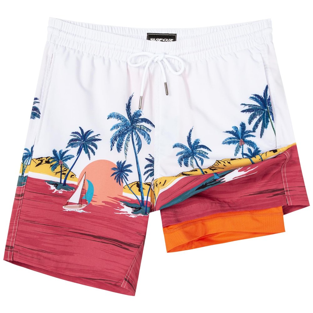 SURF CUZ Mens Swim Trunks with Compression Liner Quick Dry Swim Shorts 7" Swimming Trunks Stretch Zipper Pockets,Beach Sunset,S