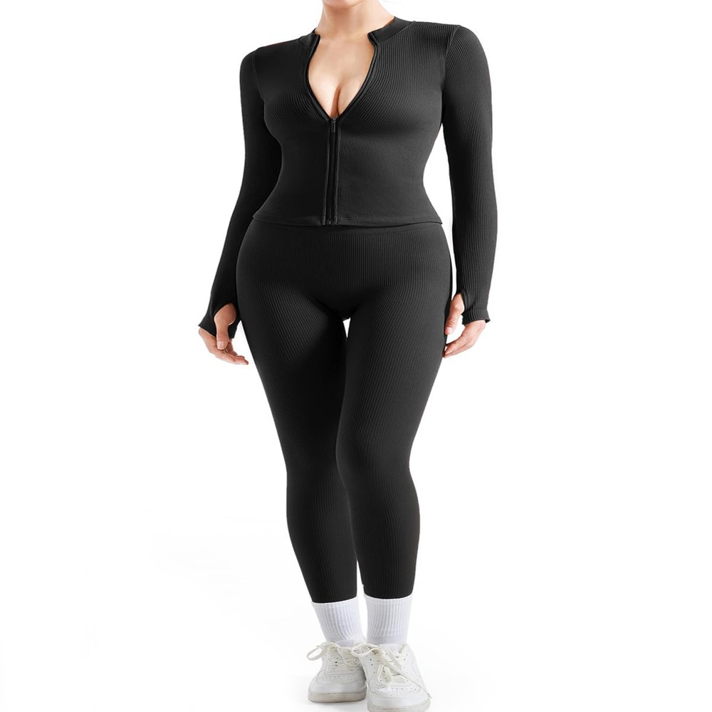 SUUKSESS Women 2 Piece Seamless Ribbed Workout Sets Tracksuit With Zip Up Jacket High Waisted Gym Yoga Leggings (Black,L)