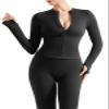 SUUKSESS Women 2 Piece Seamless Ribbed Workout Sets Tracksuit With Zip Up Jacket High Waisted Gym Yoga Leggings (Black,L) view 2