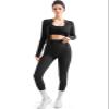 SUUKSESS Women 2 Piece Seamless Ribbed Workout Sets Tracksuit With Zip Up Jacket High Waisted Gym Yoga Leggings (Black,L) view 3