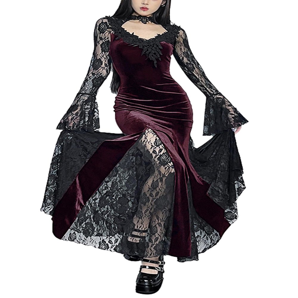 AGYMNX Women's Gothic Velvet Long Sleeve Cosplay Dress Fishtail Hem Ruched Maxi Dress Halloween Role Play Costume Red