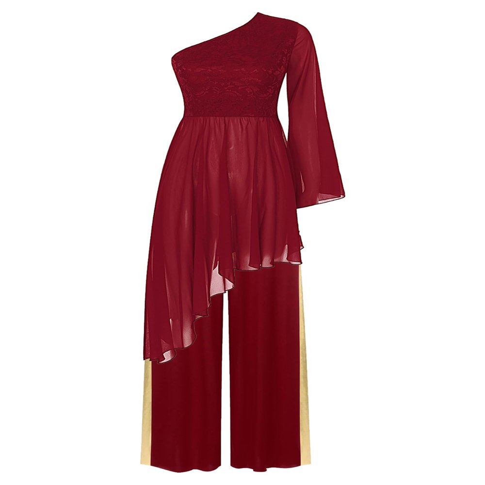 YOOJOO Womens Praise Dance Costume One Shoulder Flared Sleeve Irregular Liturgical Worship Dress+Wide-Leg Pants Dance Outfit Burgundy XX-Large