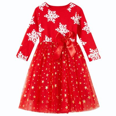 Csbks Toddler Girls Christmas Tutu Dress Multi-Layers Tulle Long Sleeve Princess Dress Snowflakes Red 150