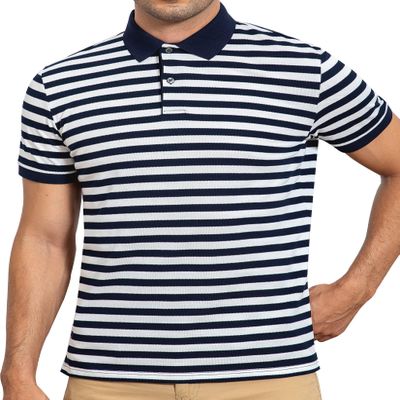 AbbyHold Mens Polo Shirts Short Sleeve Striped Cotton Collar Fitted Pique Work Golf Shirts for Men (L, White)
