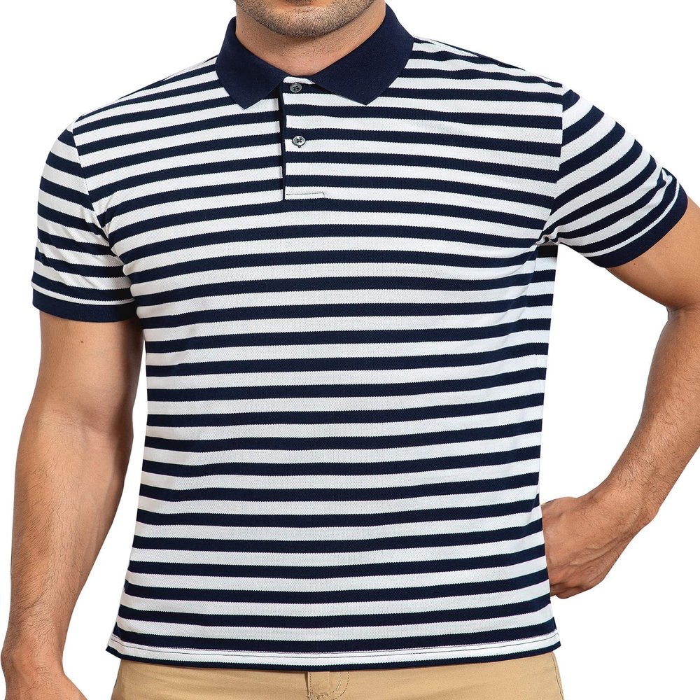 AbbyHold Mens Polo Shirts Short Sleeve Striped Cotton Collar Fitted Pique Work Golf Shirts for Men (L, White)
