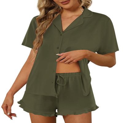 Ekouaer Pajamas Set for Women Short Sleeve Sleepwear Button Down Pjs Lounge Sets Soft Nightwear Army Green Small