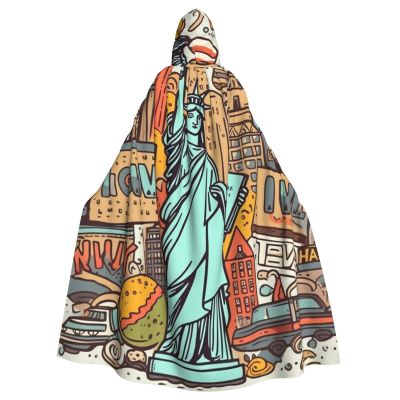 Dwrepo Cartoon Cute New York American Theme Art Halloween Hooded Cloak Full Length Adult Vampire Witch Cape for Halloween Cosplay Costumes