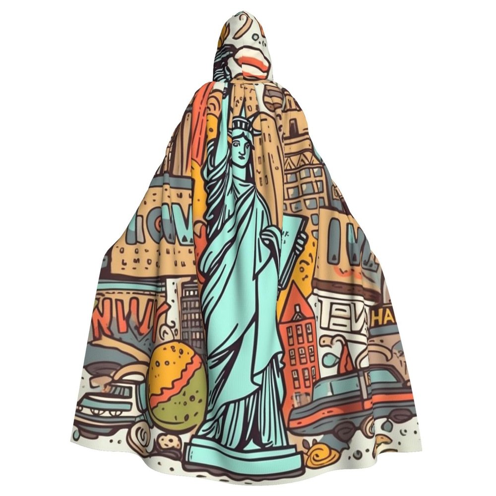 Dwrepo Cartoon Cute New York American Theme Art Halloween Hooded Cloak Full Length Adult Vampire Witch Cape for Halloween Cosplay Costumes