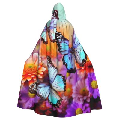 Dwrepo Flowers Colorful Butterfly Halloween Hooded Cloak Full Length Adult Vampire Witch Cape for Halloween Cosplay Costumes
