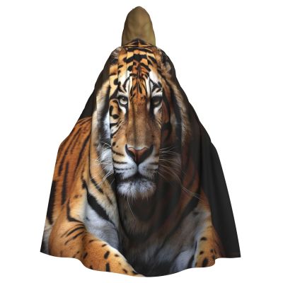 Dwrepo Cool Tiger Halloween Hooded Cloak Full Length Adult Vampire Witch Cape for Halloween Cosplay Costumes