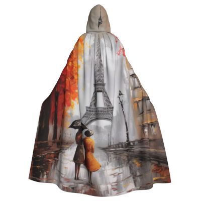 Dwrepo Eiffel Tower Paris Painting Halloween Hooded Cloak Full Length Adult Vampire Witch Cape for Halloween Cosplay Costumes