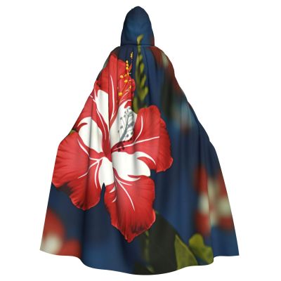 Dwrepo Hawaii Flower Red Halloween Hooded Cloak Full Length Adult Vampire Witch Cape for Halloween Cosplay Costumes