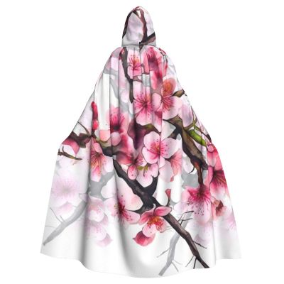 Dwrepo Cherry Blossom Watercolor Halloween Hooded Cloak Full Length Adult Vampire Witch Cape for Halloween Cosplay Costumes