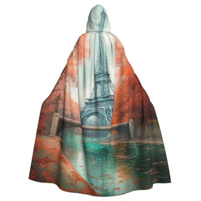 Dwrepo Eiffel Tower Halloween Hooded Cloak Full Length Adult Vampire Witch Cape for Halloween Cosplay Costumes