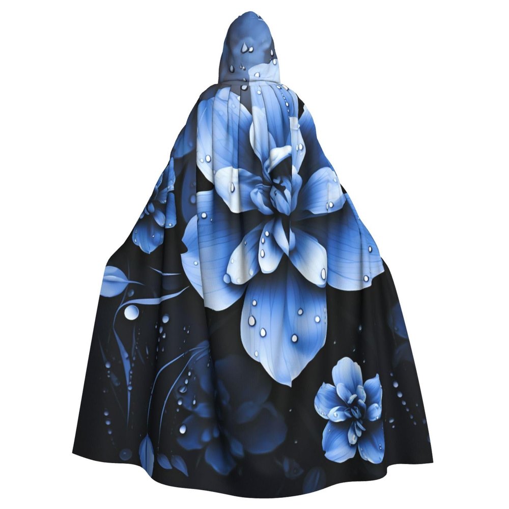 Dwrepo Blue Flower Halloween Hooded Cloak Full Length Adult Vampire Witch Cape for Halloween Cosplay Costumes