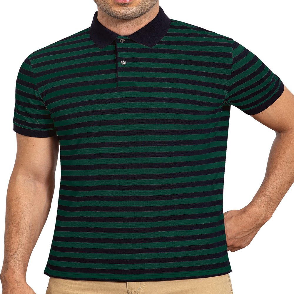 AbbyHold Mens Polo Shirts Short Sleeve Striped Cotton Collar Fitted Pique Work Golf Shirts for Men (S, Green)