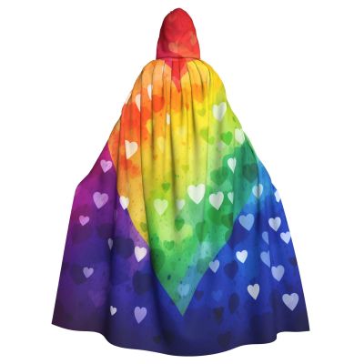Dwrepo Colorful Rainbow Love Heart Halloween Hooded Cloak Full Length Adult Vampire Witch Cape for Halloween Cosplay Costumes