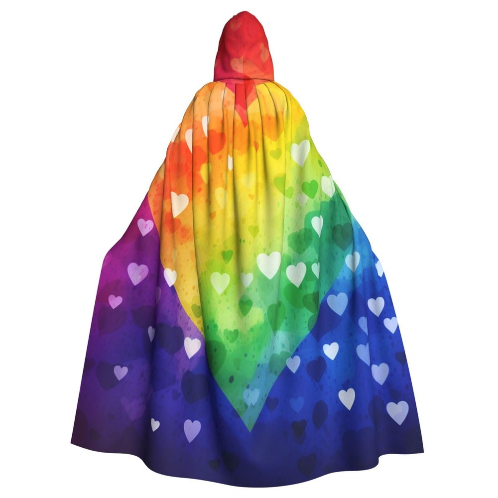 Dwrepo Colorful Rainbow Love Heart Halloween Hooded Cloak Full Length Adult Vampire Witch Cape for Halloween Cosplay Costumes