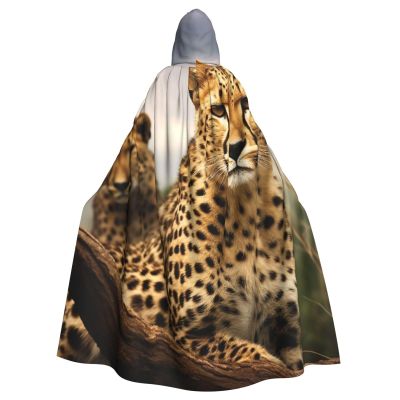 Dwrepo Cool Leopard Halloween Hooded Cloak Full Length Adult Vampire Witch Cape for Halloween Cosplay Costumes