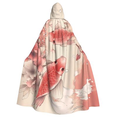 Dwrepo Red carp and cherry blossom Halloween Hooded Cloak Full Length Adult Vampire Witch Cape for Halloween Cosplay Costumes
