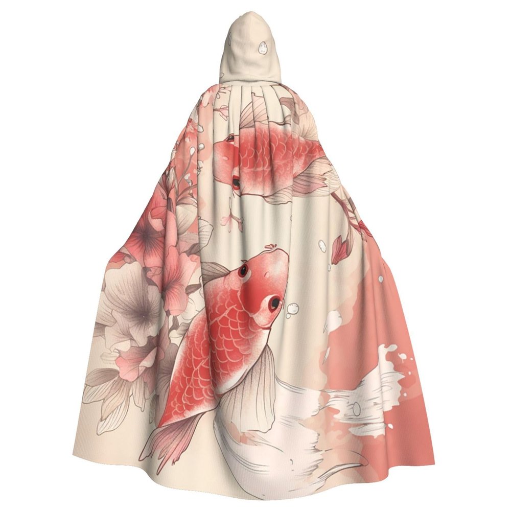 Dwrepo Red carp and cherry blossom Halloween Hooded Cloak Full Length Adult Vampire Witch Cape for Halloween Cosplay Costumes