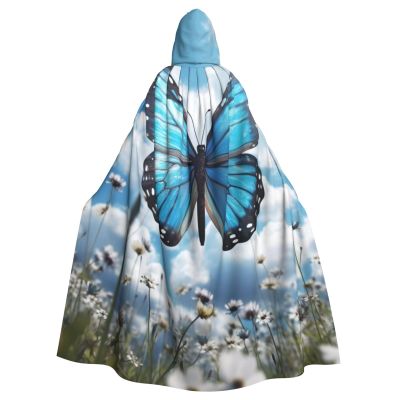 Dwrepo blue butterfly and Clouds Halloween Hooded Cloak Full Length Adult Vampire Witch Cape for Halloween Cosplay Costumes