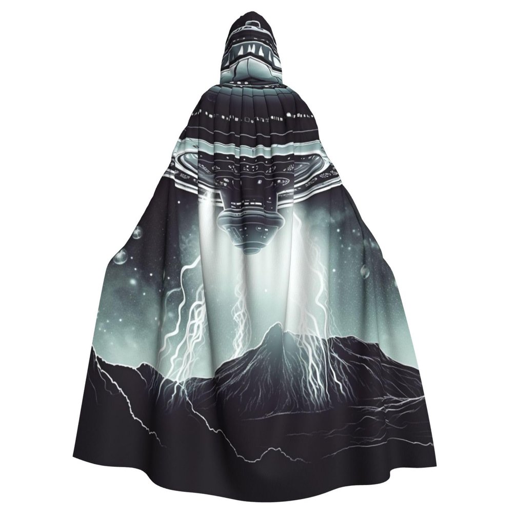 Dwrepo Alien Spaceship Halloween Hooded Cloak Full Length Adult Vampire Witch Cape for Halloween Cosplay Costumes