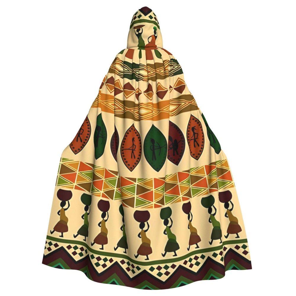 Dwrepo Bohemia Style Traditional African Pattern Halloween Hooded Cloak Full Length Adult Vampire Witch Cape for Halloween Cosplay Costumes