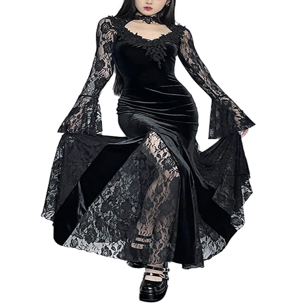 AGYMNX Women's Gothic Velvet Long Sleeve Cosplay Dress Fishtail Hem Ruched Maxi Dress Halloween Role Play Costume Black