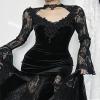 AGYMNX Women's Gothic Velvet Long Sleeve Cosplay Dress Fishtail Hem Ruched Maxi Dress Halloween Role Play Costume Black view 4