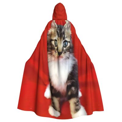 Dwrepo Cute Cat Halloween Hooded Cloak Full Length Adult Vampire Witch Cape for Halloween Cosplay Costumes