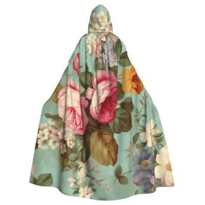 Dwrepo Vintage Floral Flowers Halloween Hooded Cloak Full Length Adult Vampire Witch Cape for Halloween Cosplay Costumes