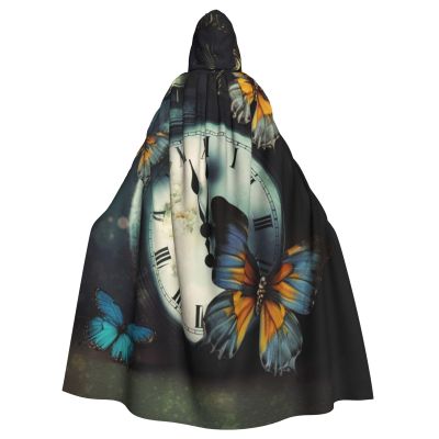 Dwrepo Clock Butterfly Halloween Hooded Cloak Full Length Adult Vampire Witch Cape for Halloween Cosplay Costumes