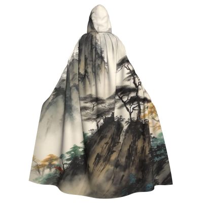 Dwrepo Chinese Landscape Painting Halloween Hooded Cloak Full Length Adult Vampire Witch Cape for Halloween Cosplay Costumes