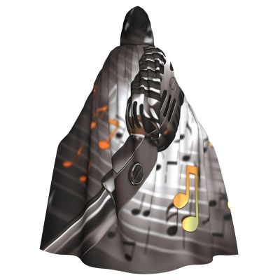 Dwrepo Microphone with Music Notes Halloween Hooded Cloak Full Length Adult Vampire Witch Cape for Halloween Cosplay Costumes
