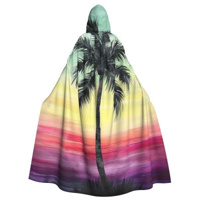 Dwrepo Tropical Palm Tree Halloween Hooded Cloak Full Length Adult Vampire Witch Cape for Halloween Cosplay Costumes