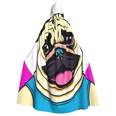 Dwrepo Funny Cartoon Pug Puppy Dog Halloween Hooded Cloak Full Length Adult Vampire Witch Cape for Halloween Cosplay Costumes